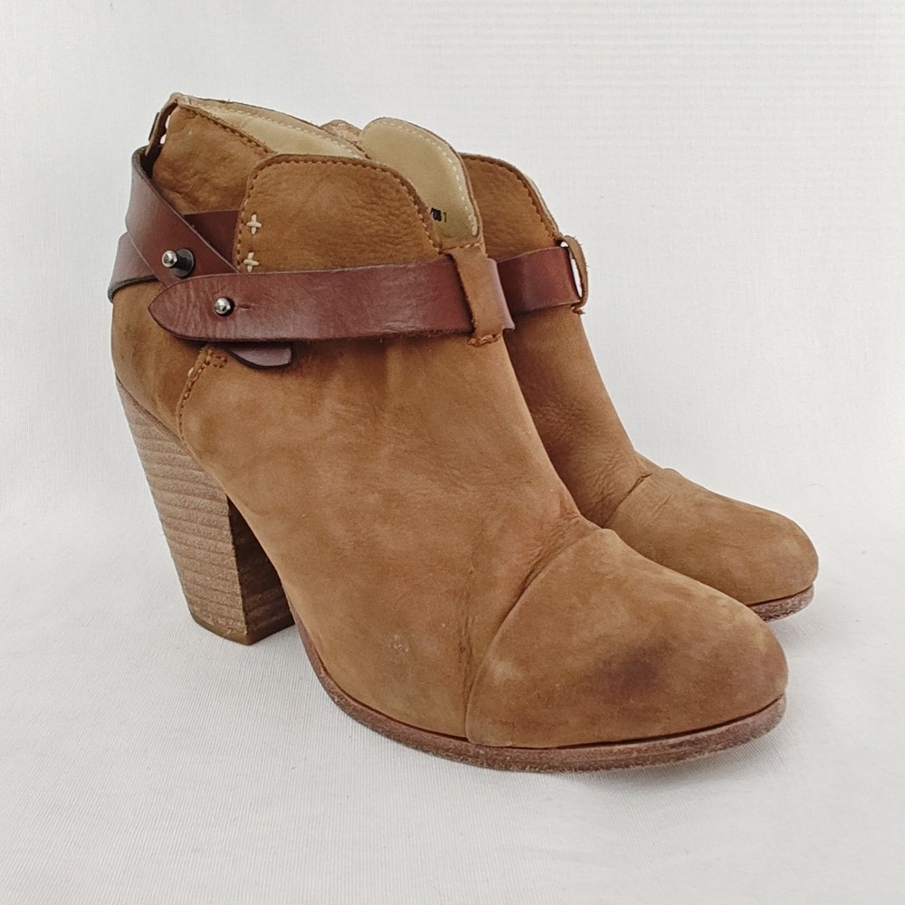 Rag & Bone Harrow Brown Tan Suede Leather Stacked Heeled Ankle Boots 37‎